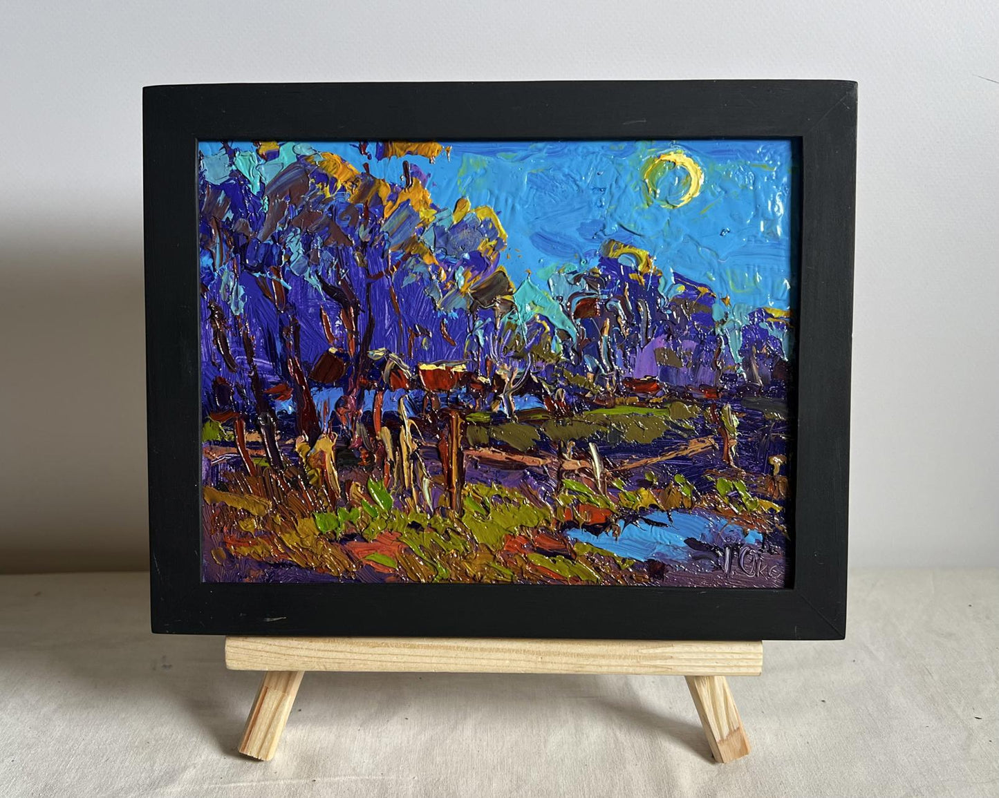 Oil painting Moonlight blue by Oksana Ivanyuk in black frame