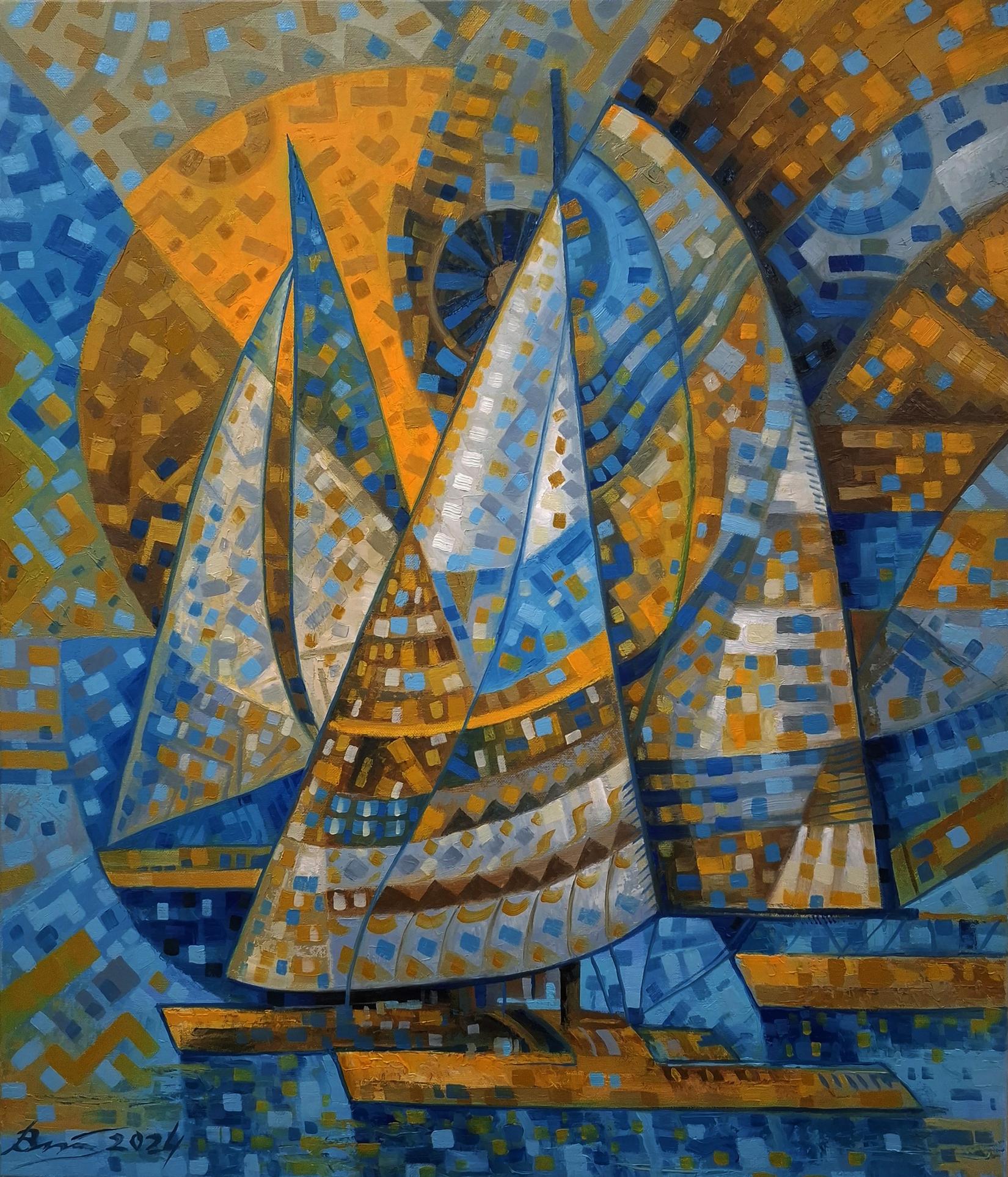 Vibrant oil painting of sailboats on sunny sea by Sergiy Voichenko