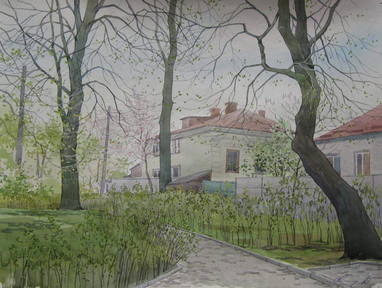 Watercolor painting of Valery Savenets Spring streets city house