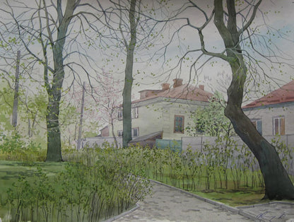 Watercolor painting of Valery Savenets Spring streets city house