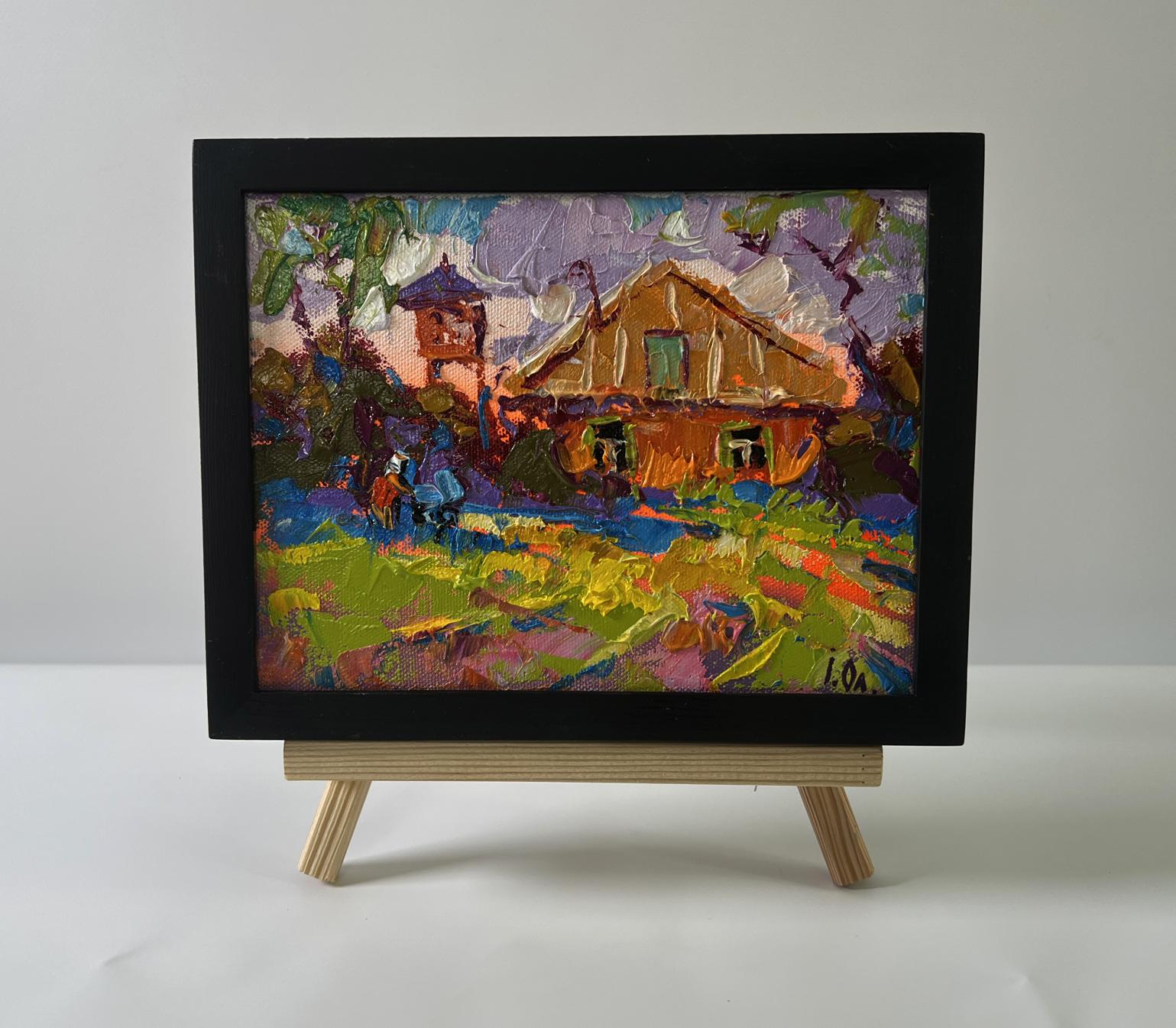 Vibrant oil painting of rustic house at sunset behind clouds by Oleksiy Ivanyuk