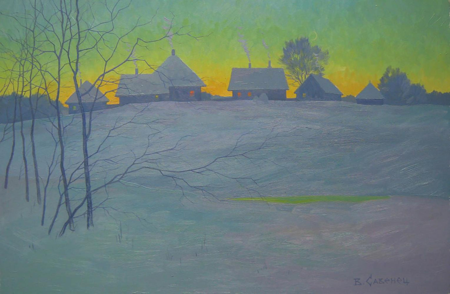Oil painting Winter evening by Valery Savenets: snowy houses, sunset sky