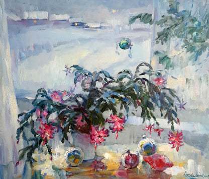 Vibrant pink flowering cactus Oi painting Flowers on the windowsill by Ivan Kovalenko