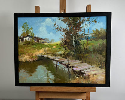 Oil painting The Road Leading Home by Yuriy Suprunchuk rustic bridge scene