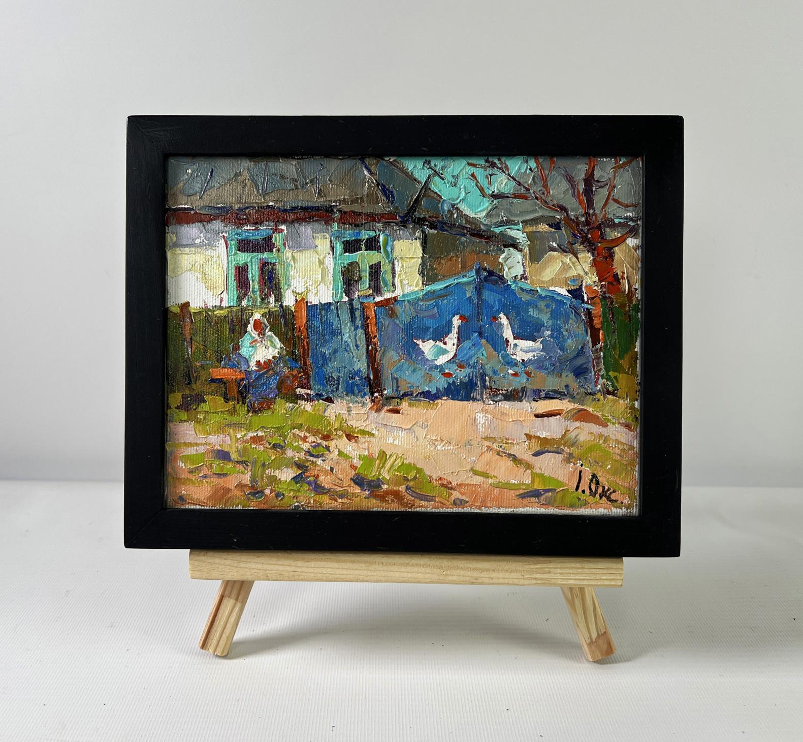 Oil painting Silence of Waiting by Oksana Ivanyuk with geese and blue fence
