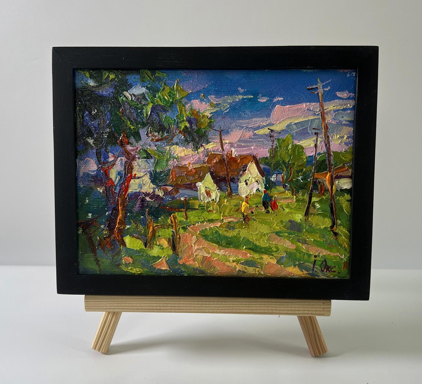 Oil painting Edge of the village by Oksana Ivanyuk in black frame