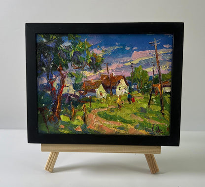 Oil painting Edge of the village by Oksana Ivanyuk in black frame