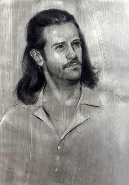 Charcoal portrait sketch of Alessio Annam Butt, long hair, mustache