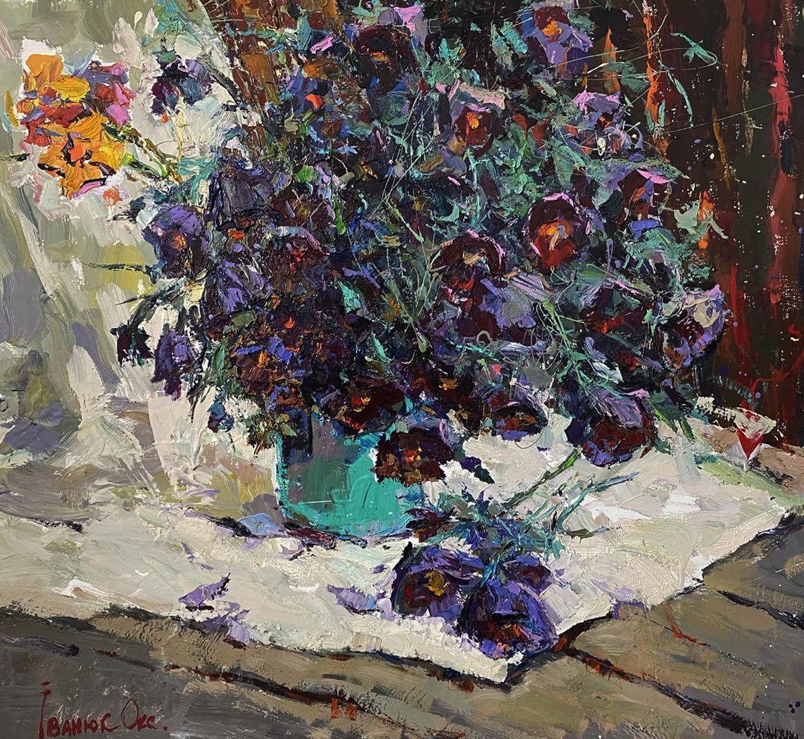 Vibrant impressionistic oil painting Dream grass by Oksana Ivanyuk in teal vase