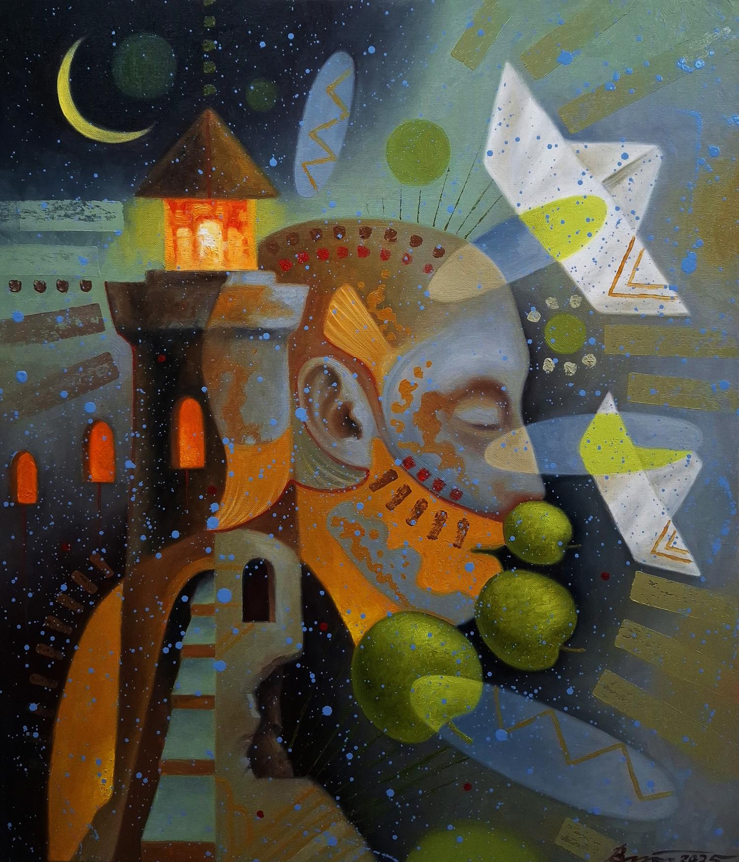 Oil painting A person sees dreams by Sergiy Voichenko, abstract face in orange gray tones