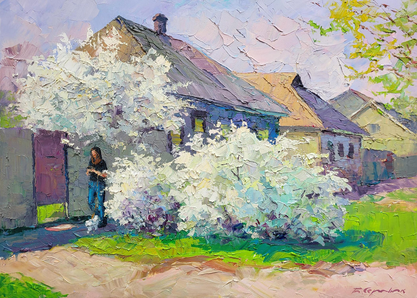 Oil painting April is on our street by Boris Serdyuk with blossoms