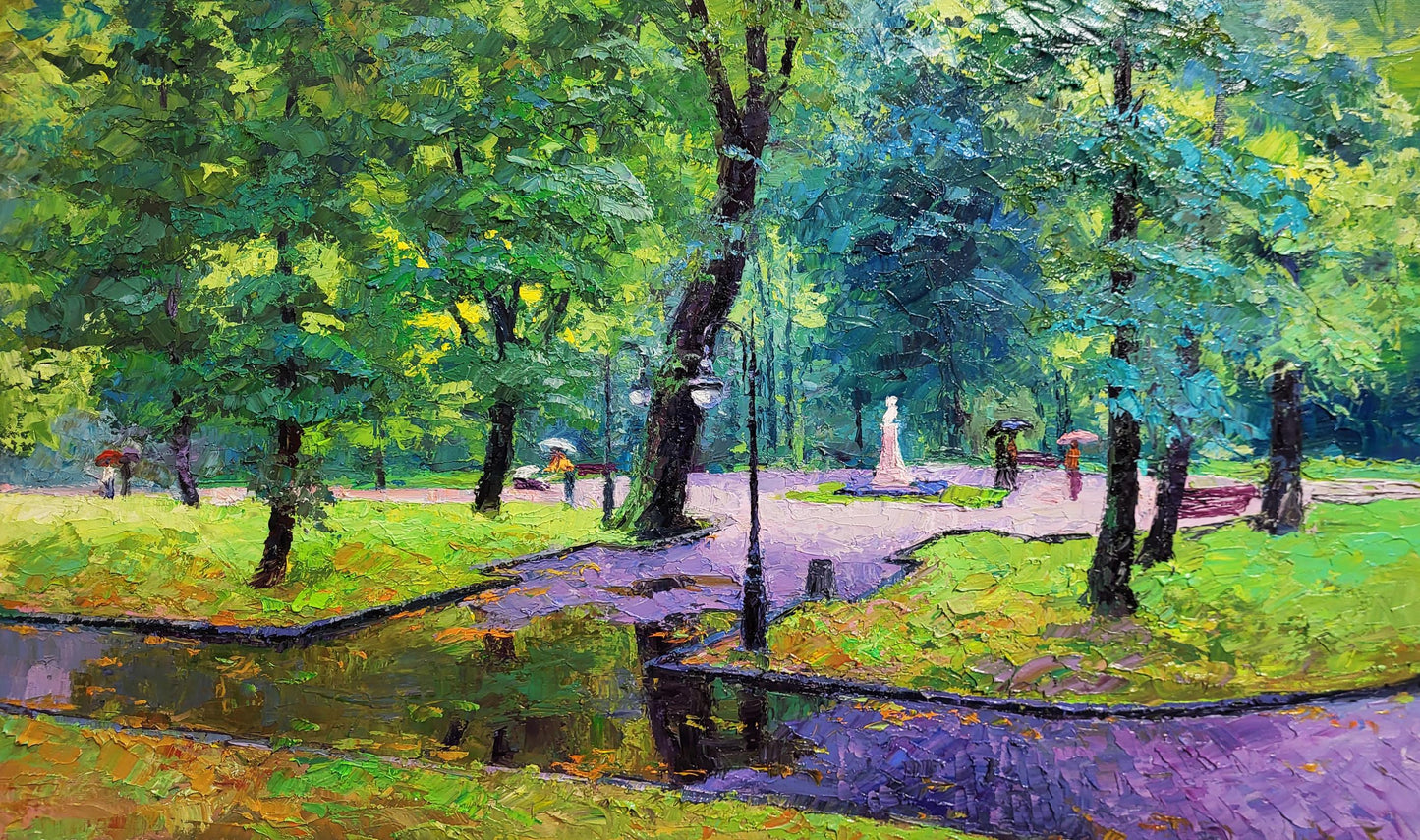Vibrant impressionist oil painting of city park by Boris Serdyuk