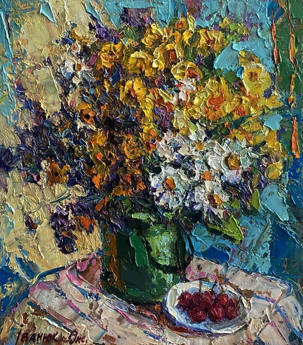 Oil painting Summer still life Oksana Ivanyuk lush bouquet in green vase