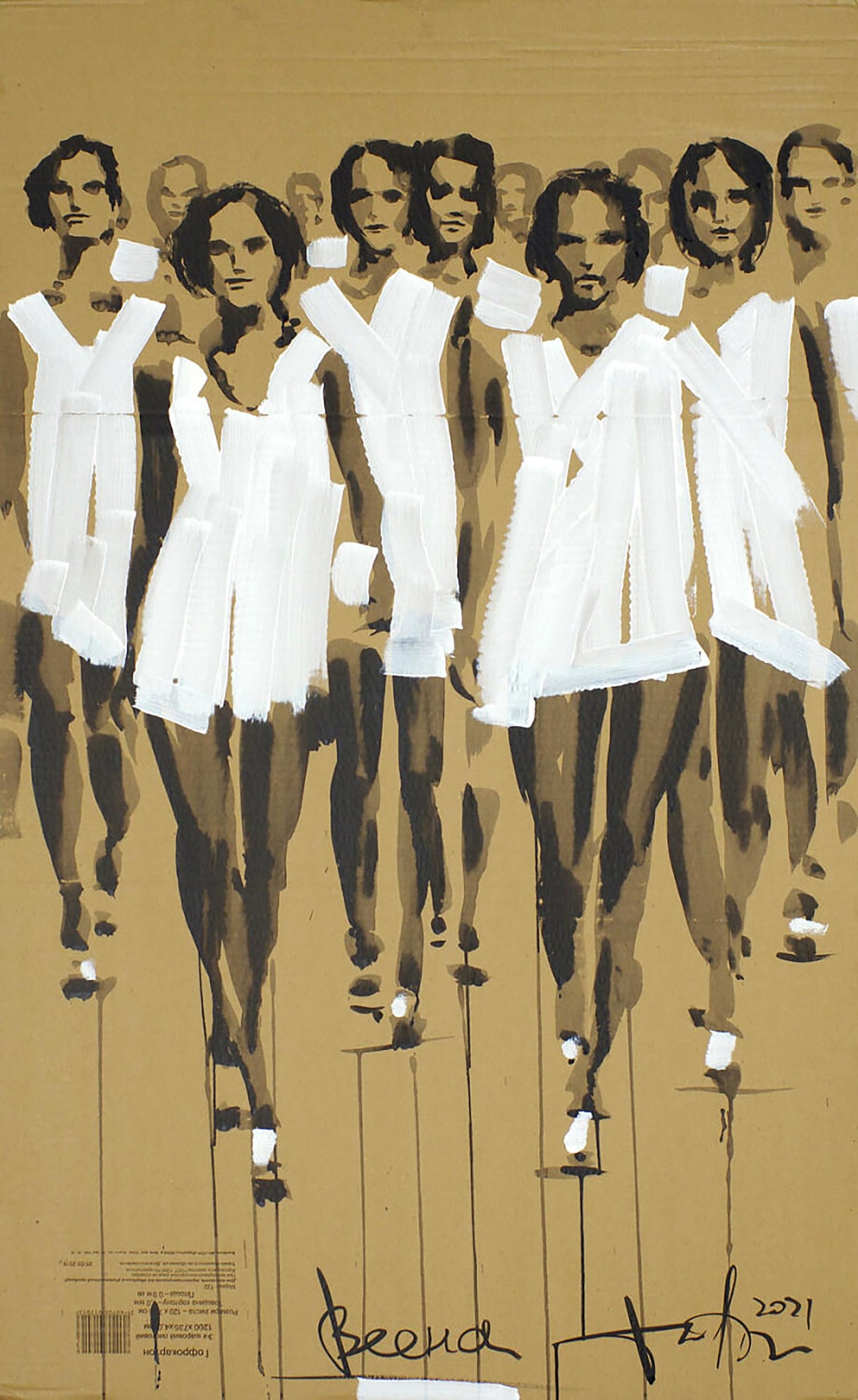 Stylized acrylic painting Spring by Dima Filatov: women in white dresses on mannequins