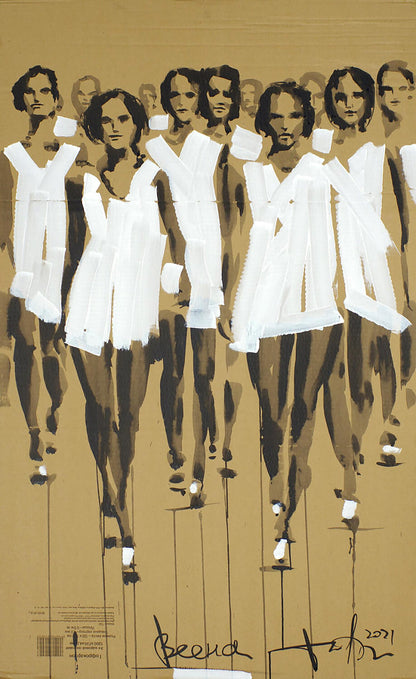 Stylized acrylic painting Spring by Dima Filatov: women in white dresses on mannequins