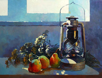 Oil painting Still life with pears by Anastasia Yaroshevich: vintage brass lantern, pears, dried flowers
