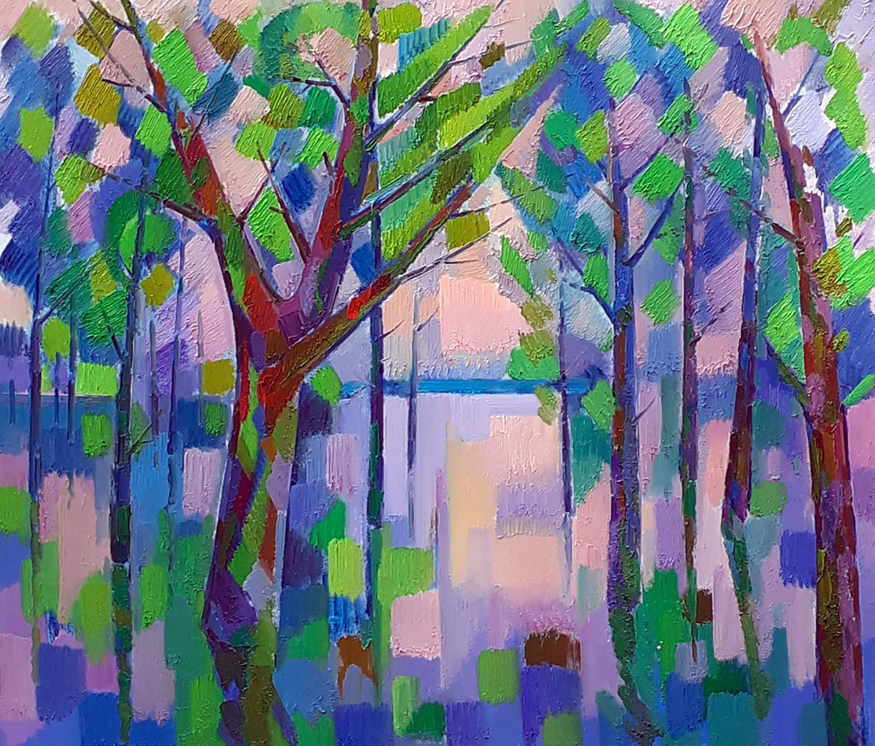 Vibrant Flood oil painting by Peter Dobrev: abstract forest in green, blue, purple