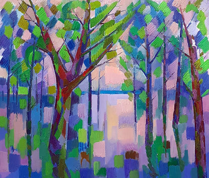 Vibrant Flood oil painting by Peter Dobrev: abstract forest in green, blue, purple