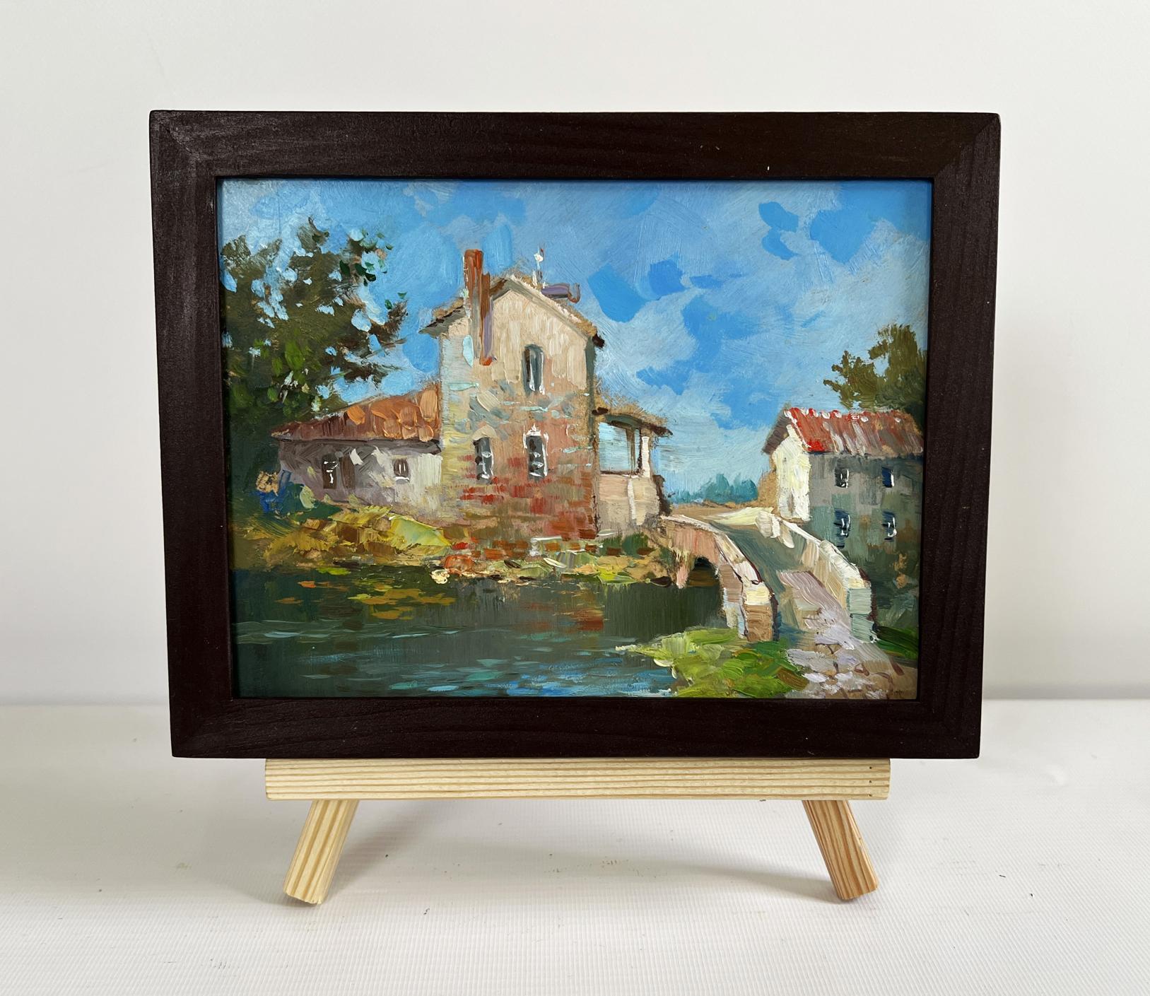 Rustic oil painting by Yuriy Suprunchuk of village bridge in wooden frame