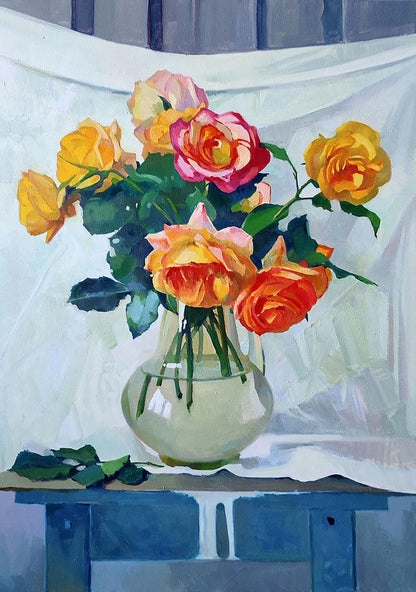 Oil painting of yellow, orange, pink roses by Anastasia Yaroshevich