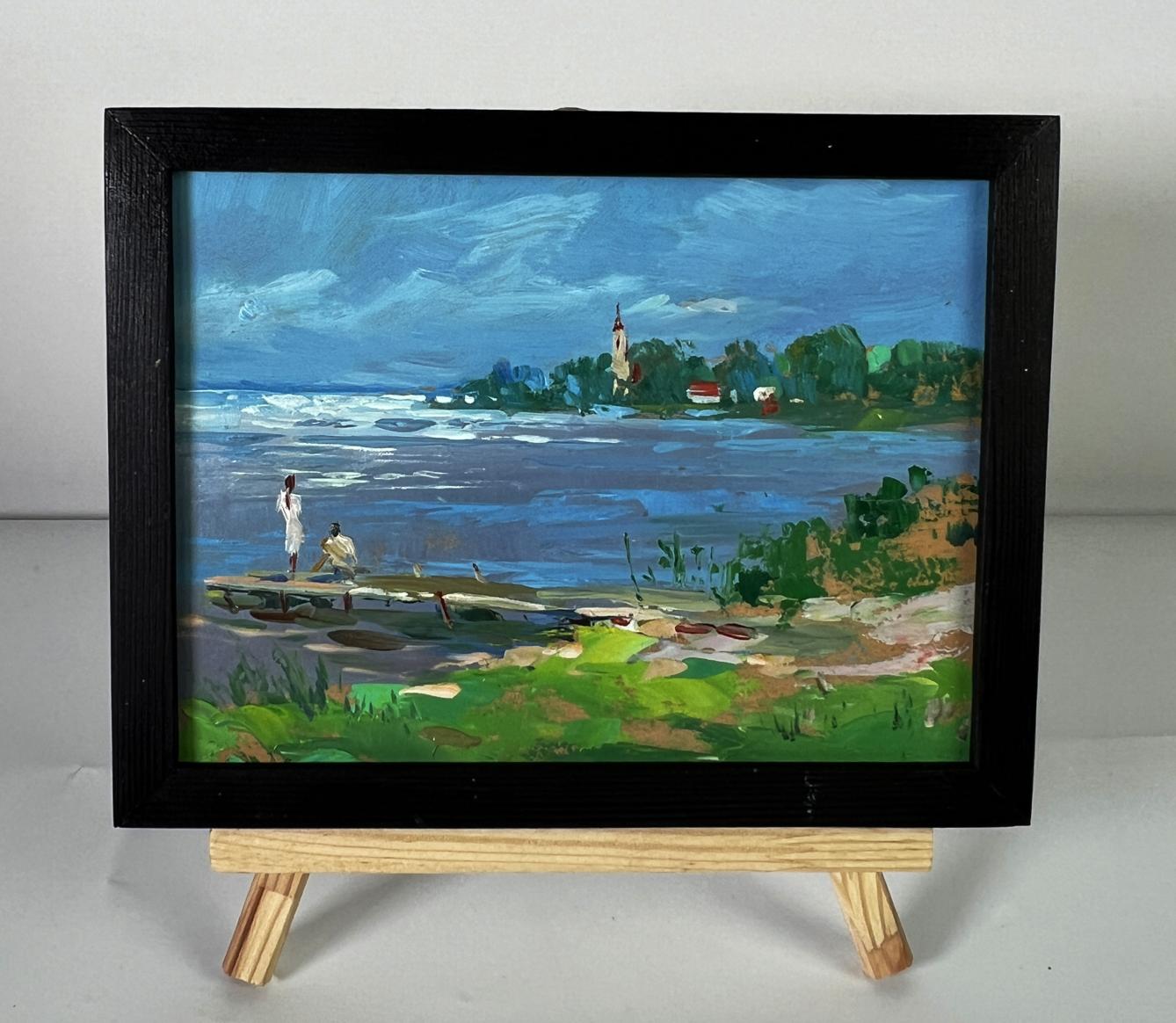 Oil painting Bridge by the River by Yuriy Suprunchuk, coastal dock scene