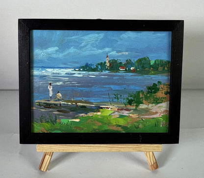 Oil painting Bridge by the River by Yuriy Suprunchuk, coastal dock scene