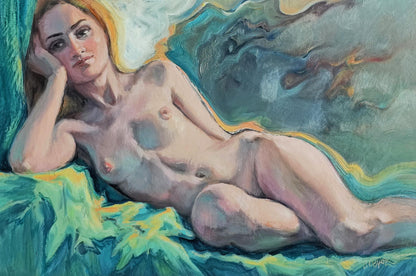 Oil painting portrait of dreamy female figure Oksana Osnach reclining on teal fabric