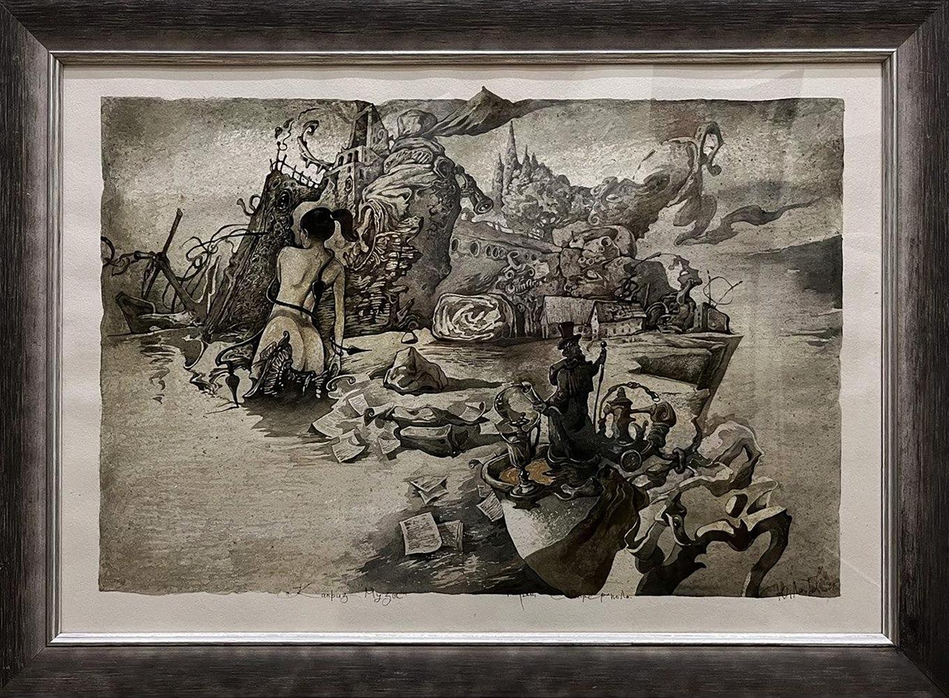 Framed black-and-white etching of Musics Caprice by Yuriy Laptev