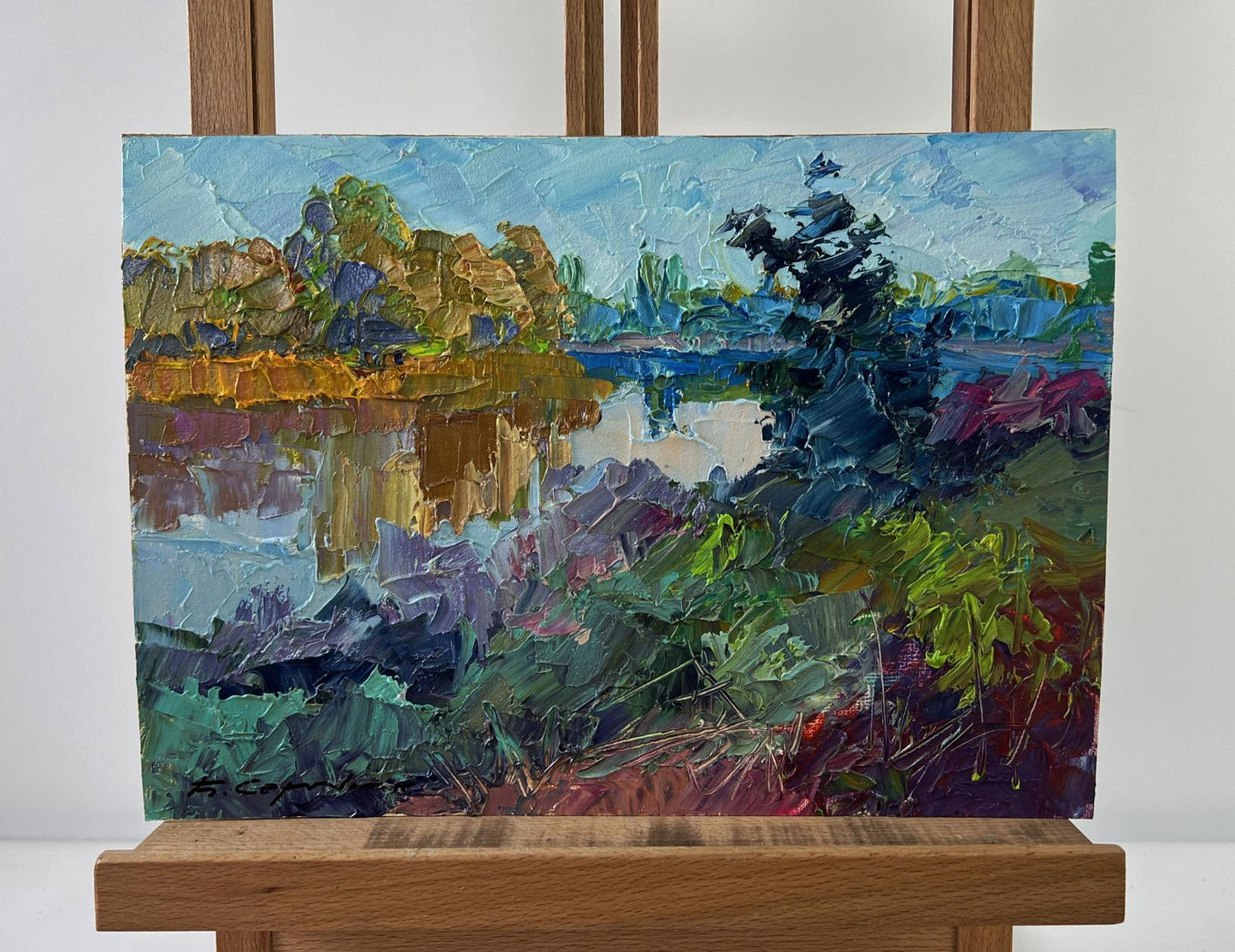 Oil painting The world is in water by Boris Serdyuk, vibrant lake landscape