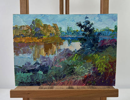Oil painting The world is in water by Boris Serdyuk, vibrant lake landscape