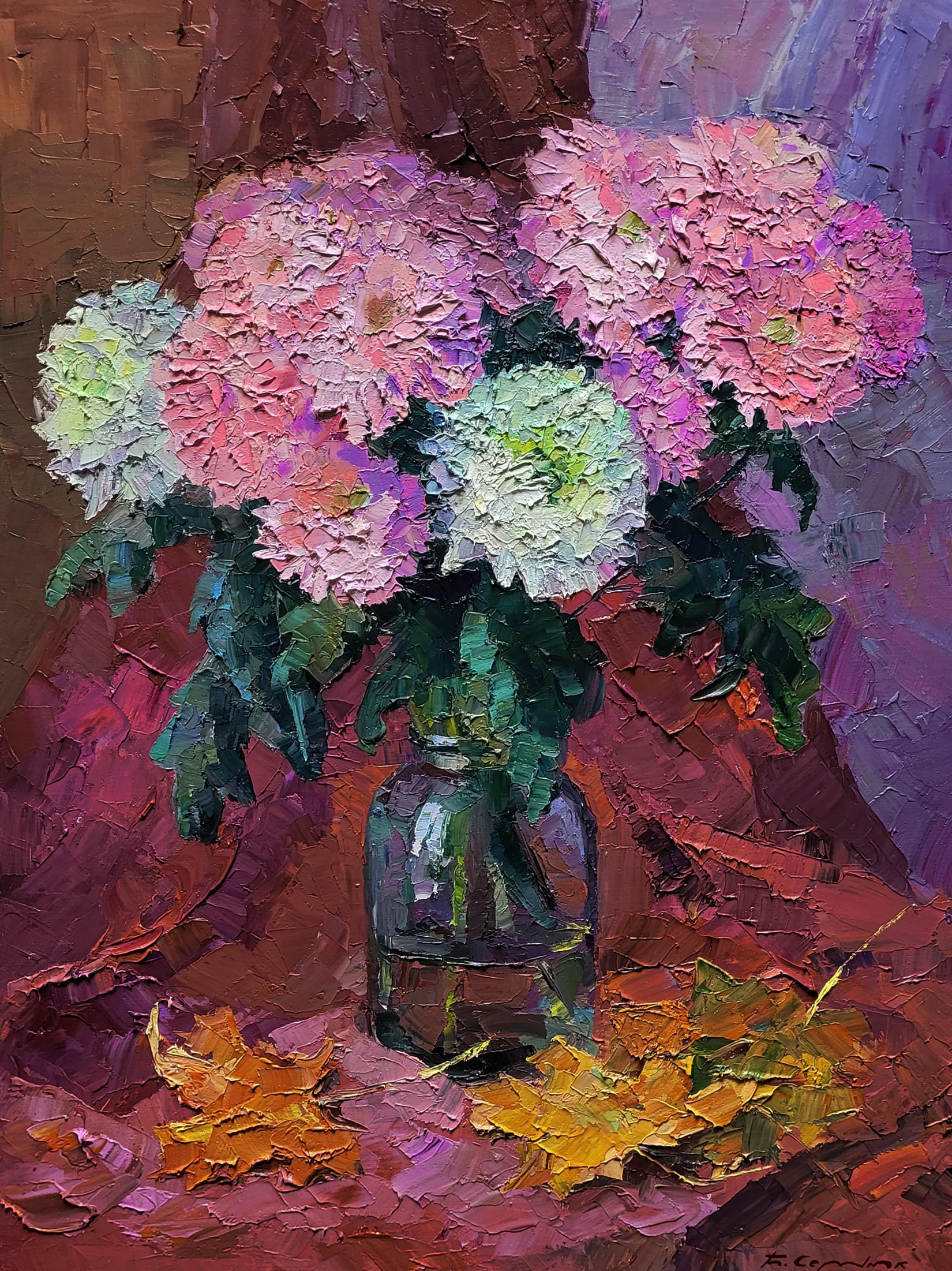 Oil painting of vibrant pink and white chrysanthemum bouquet by Boris Serdyuk