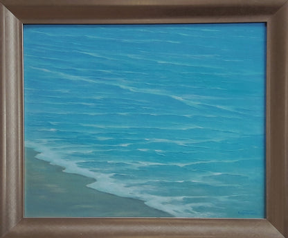 Oil painting of serene beach sea waves by Vasily Korkishko in wooden frame