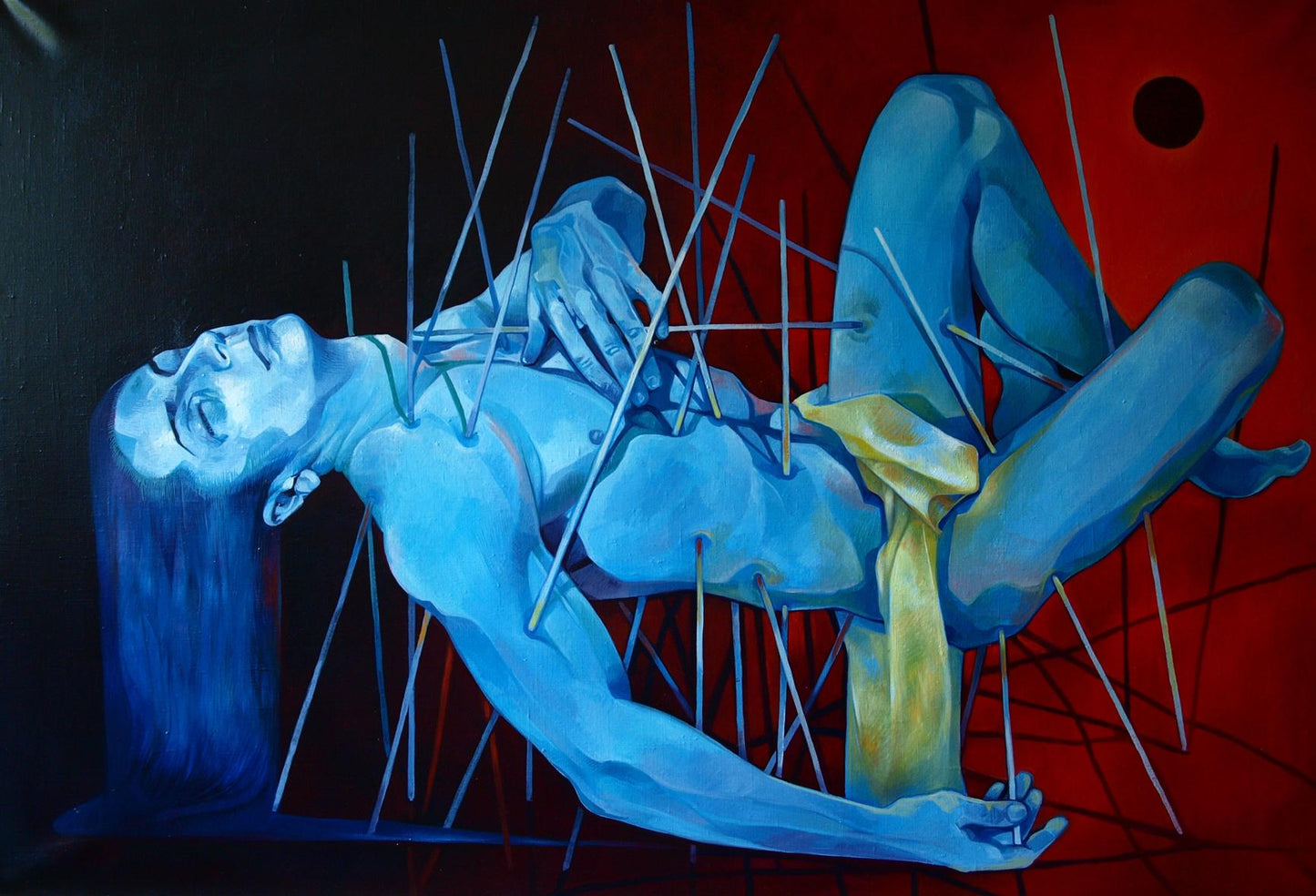 Oil painting of blue Bhishma figure pierced by rods on red background by Konsta G. Amelinn
