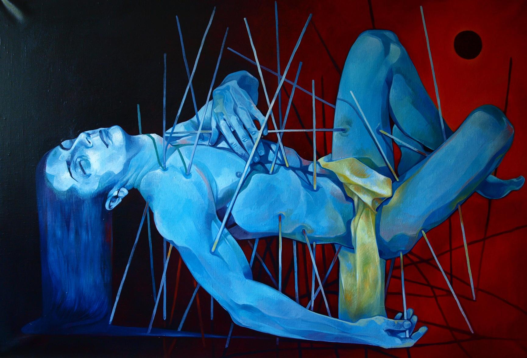 Oil painting of blue Bhishma figure pierced by rods on red background by Konsta G. Amelinn
