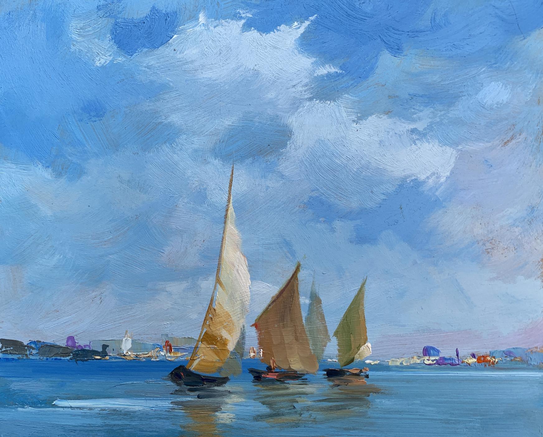 Oil painting of sailboats at sea by Yuriy Suprunchuk