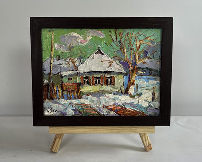 Oil painting Saturday winter day by Oksana Ivanyuk snowy village scene