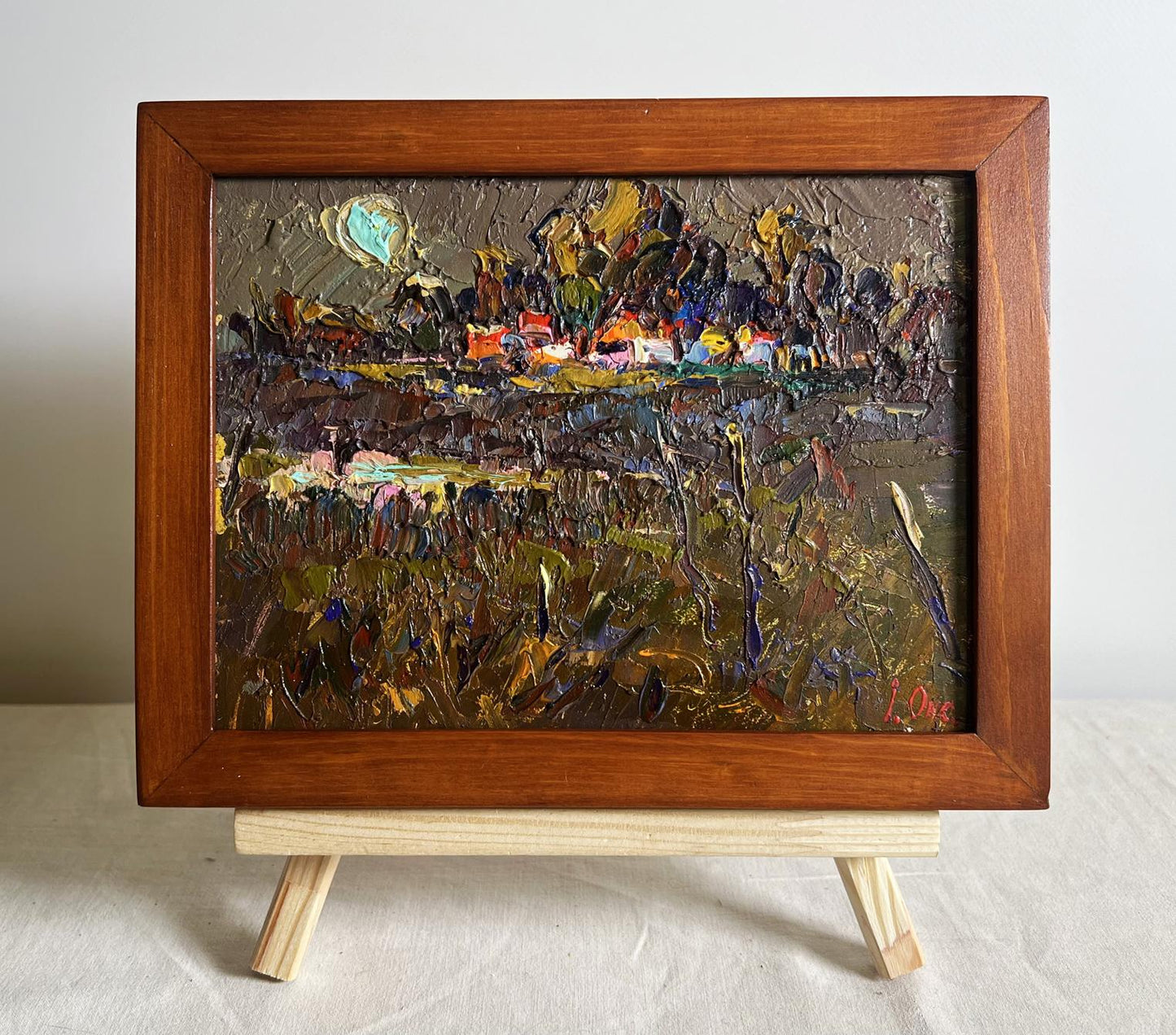 Oil painting Evening silence in the village by Oleksiy Ivanyuk in wooden frame