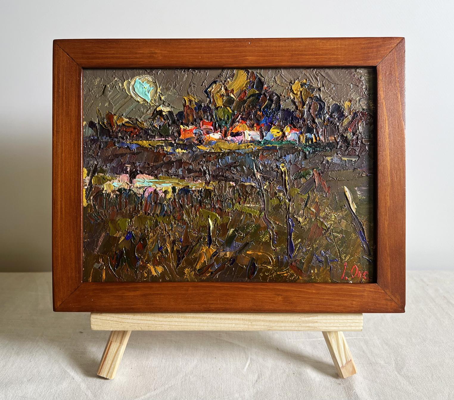 Oil painting Evening silence in the village by Oleksiy Ivanyuk in wooden frame