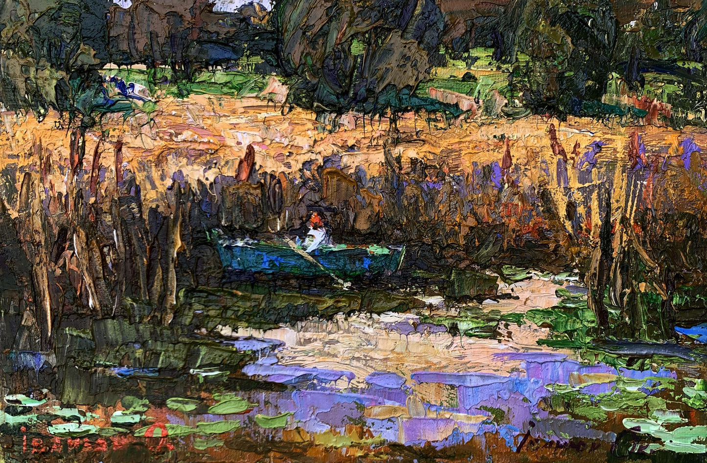 Oil painting Among the Reeds by Oksana Ivanyuk: blue rowboat gliding through purple green waters