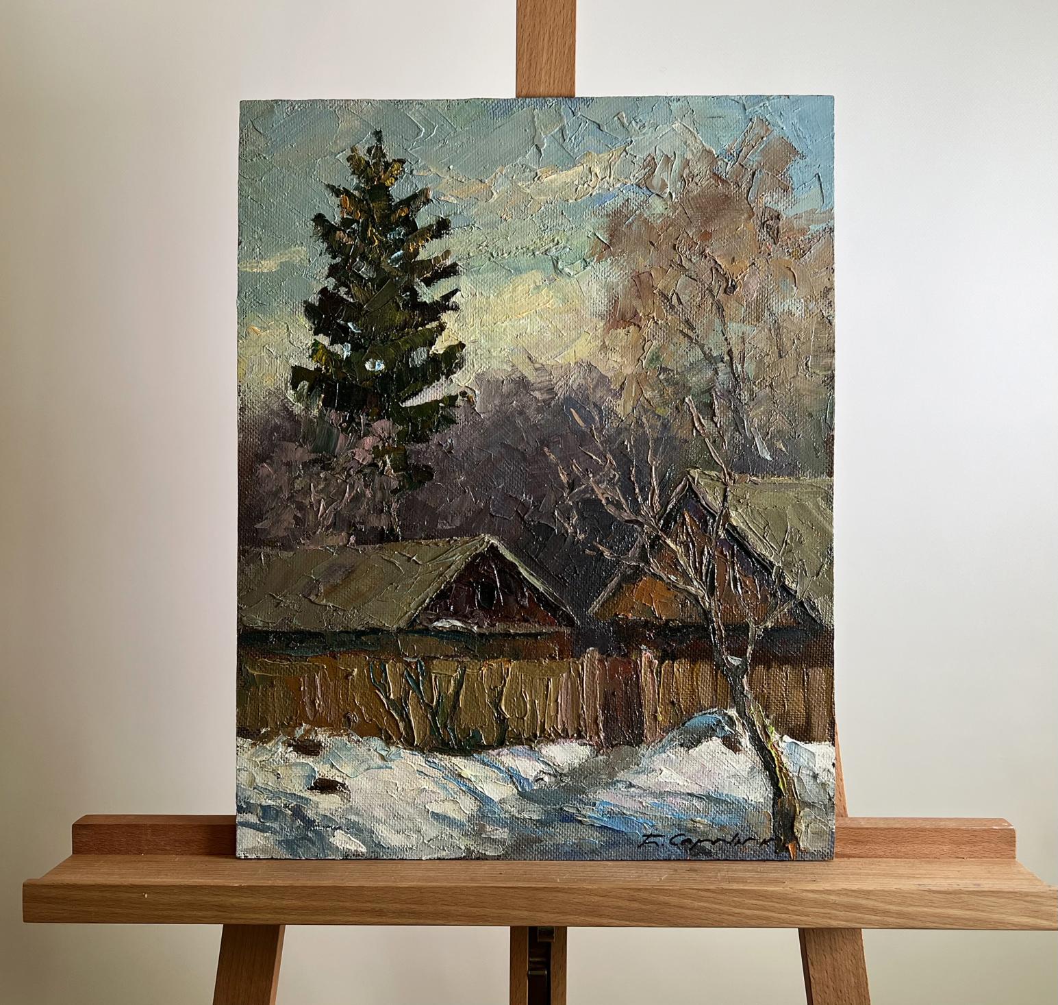 Oil painting A cold December day by Boris Serdyuk snowy village scene