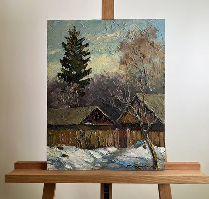 Oil painting A cold December day by Boris Serdyuk snowy village scene
