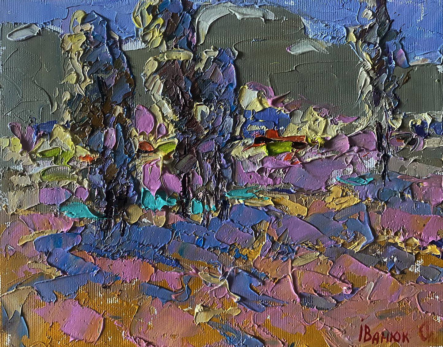Vibrant impressionist oil painting of village field by Oleksiy Ivanyuk