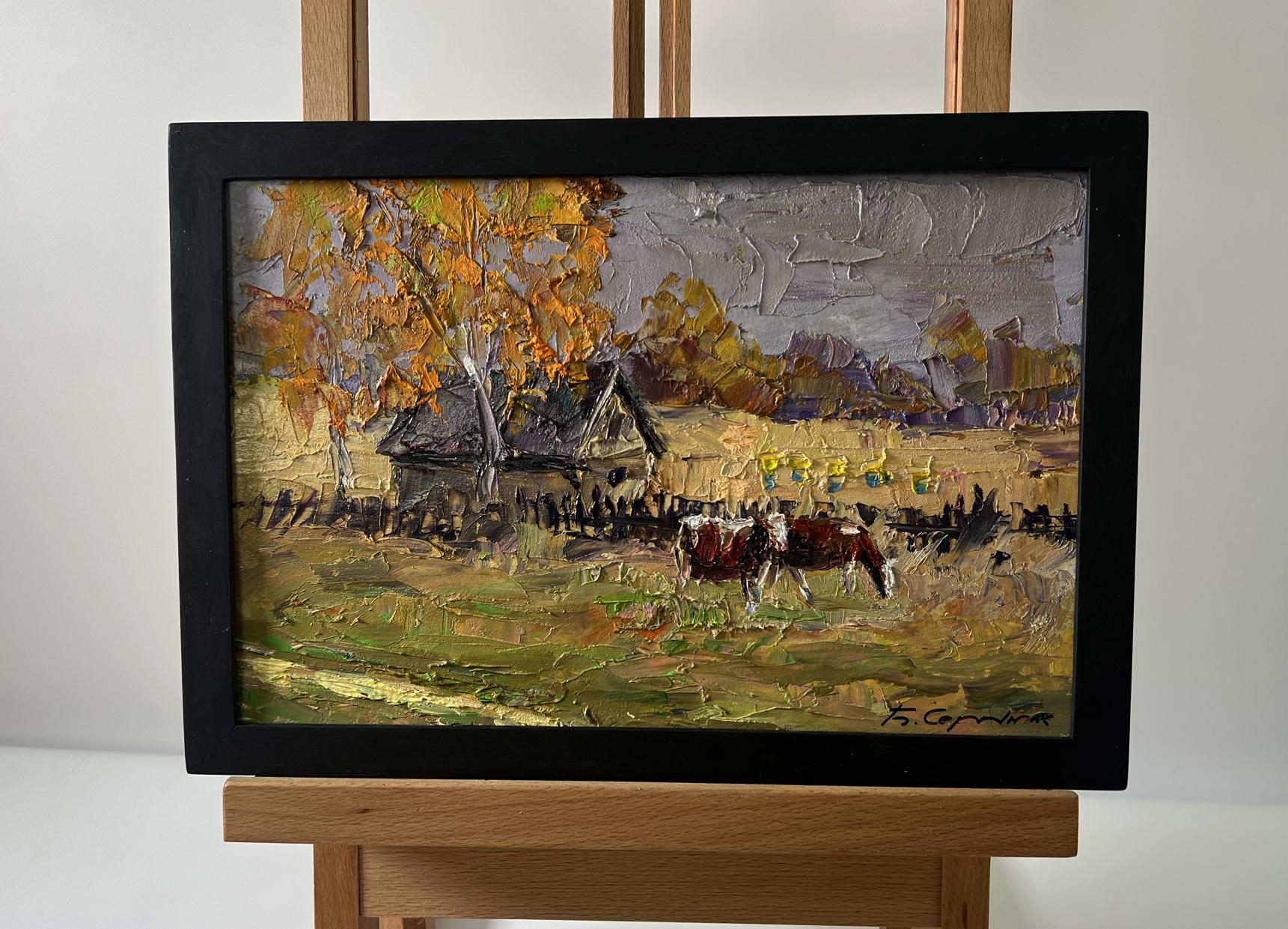 Oil painting by Boris Serdyuk: rustic autumn village with cows grazing