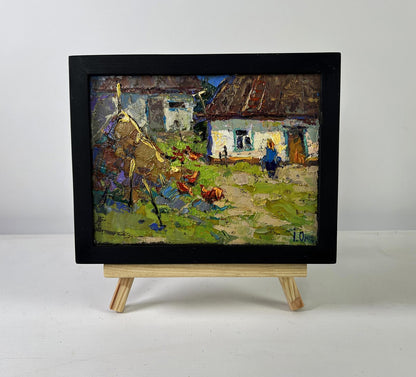 Oil painting Quiet evening courtyard by Oksana Ivanyuk on wooden easel