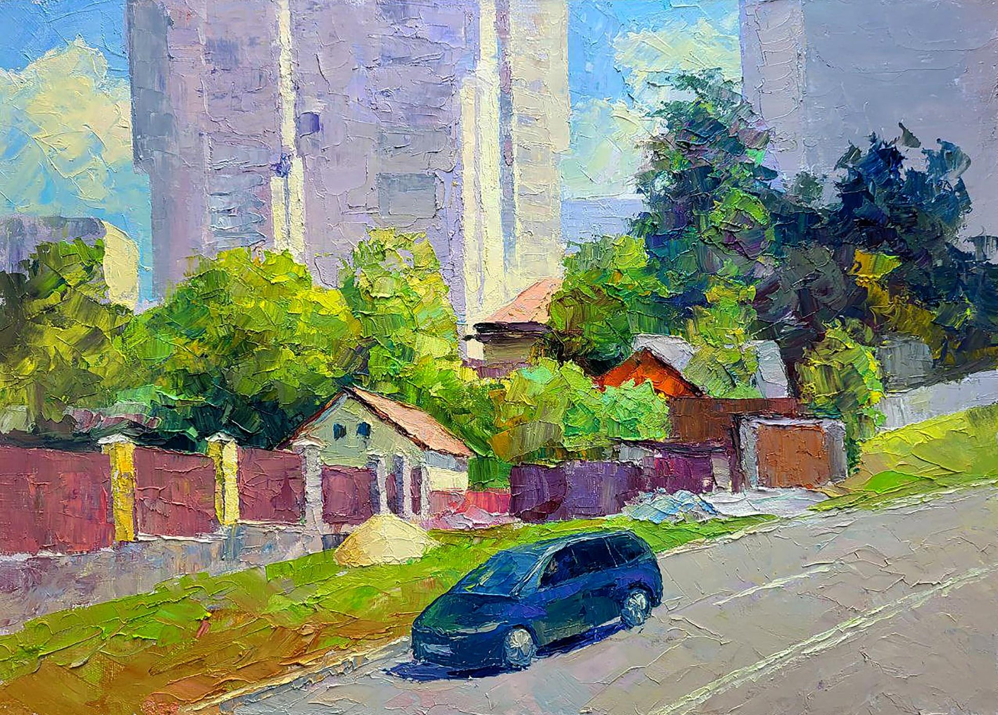 Oil painting Along the city street by Boris Serdyuk: dark blue minivan on paved road