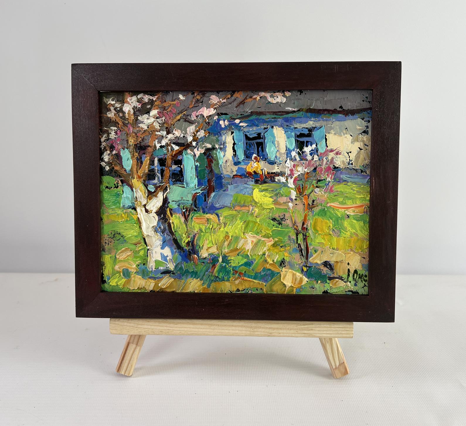 Oil painting Silence and sun in the yard by Oksana Ivanyuk in dark frame