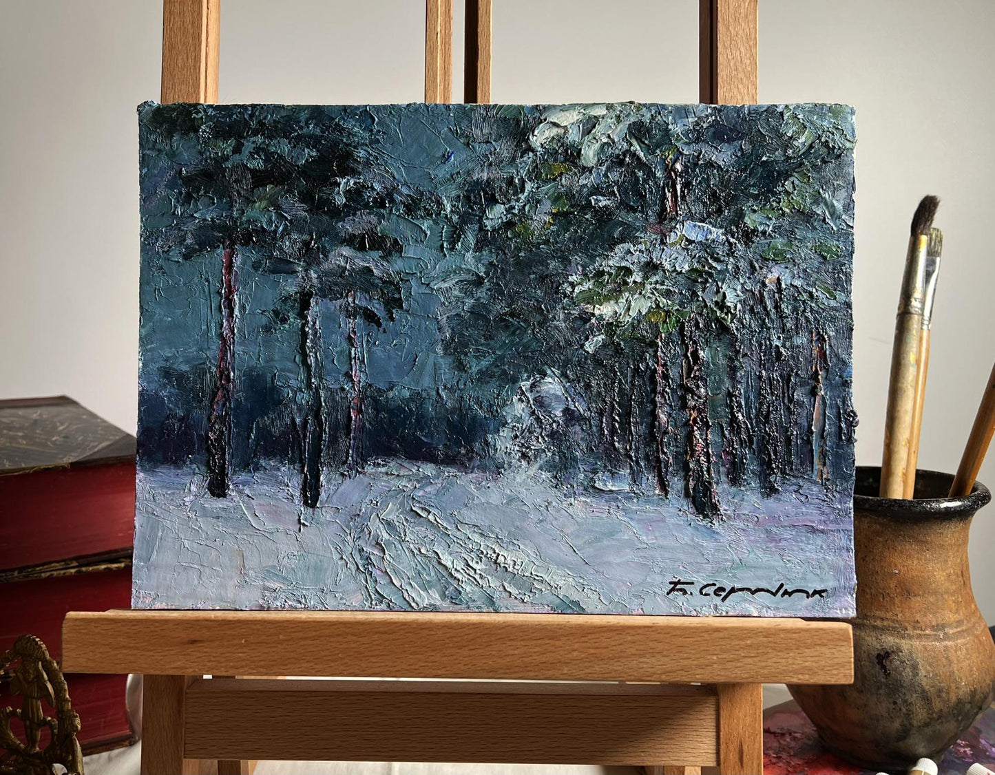 Oil painting Winter trail in the forest by Boris Serdyuk snowy scene