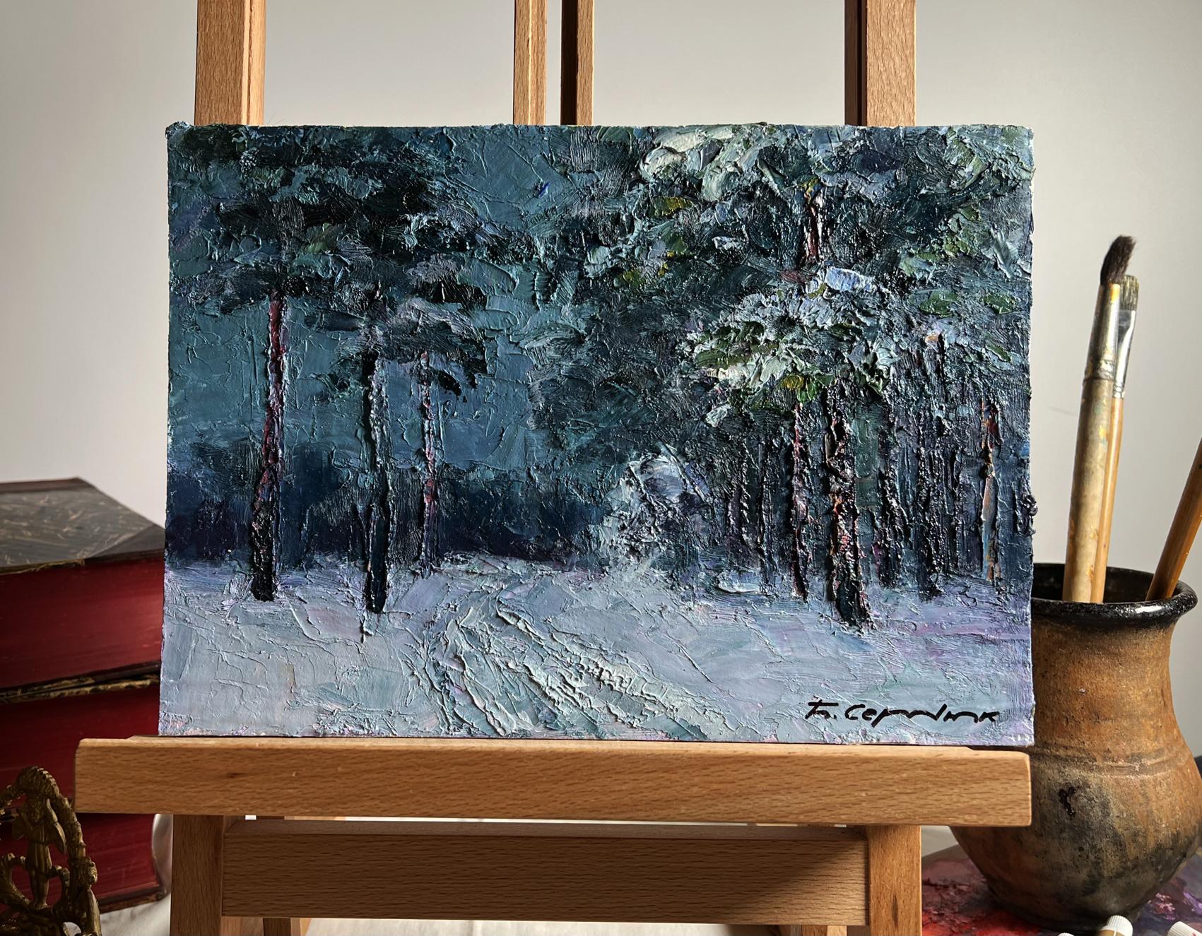 Oil painting Winter trail in the forest by Boris Serdyuk snowy scene