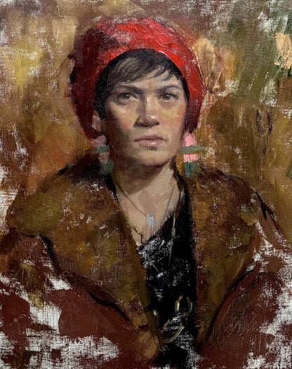 Oil painting of Kinga with focused look by Annam Butt in red headscarf and brown coat