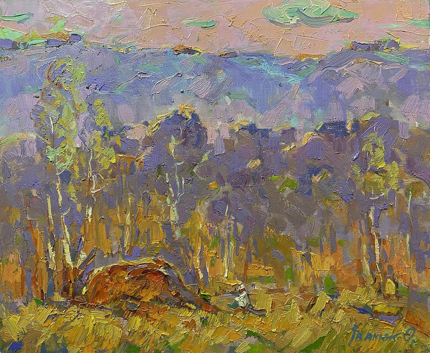 Oil painting Autumn is far away by Oleksiy Ivanyuk: impressionist forested hillside